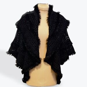 VENUE Black Crochet Rabbit Fur Trim Shawl Cardigan Sweater Wrap Women's M